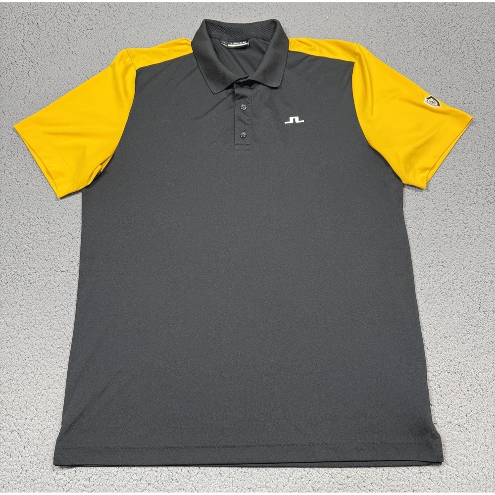 J.Lindeberg Polo Shirt Mens Large Gray Yellow Roy Fit‎ Golf Performance Stretch